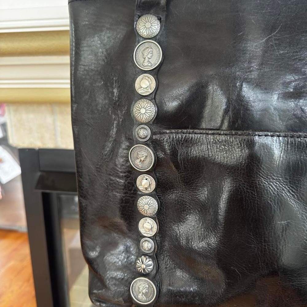 Patricia Nash Renaissance black leather tote silver tone coins braided strap - Picture 2 of 8
